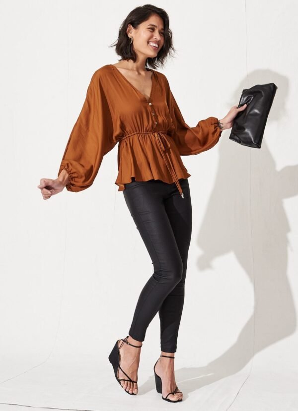V Neck Top in Rust Satin - Image 3