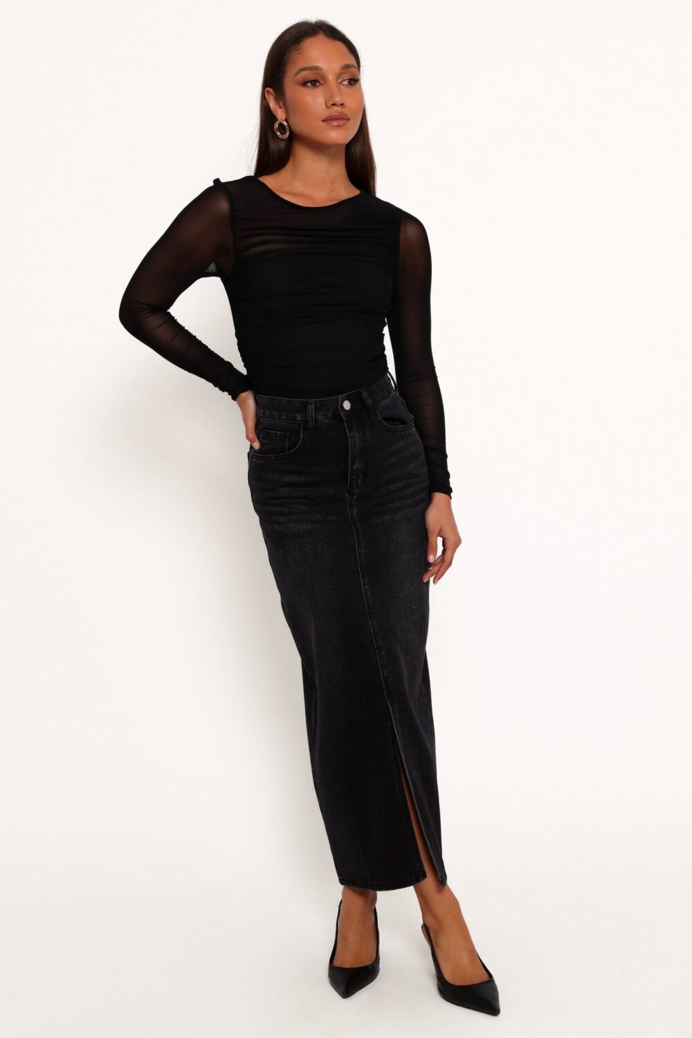 Denim Midi Skirt - Black Wash