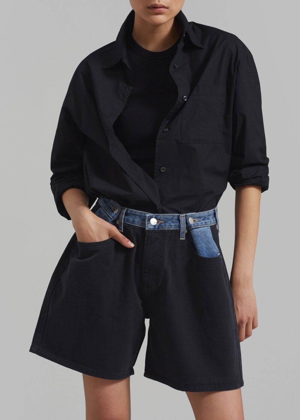 Contrast Denim Shorts - Black/Blue - Image 5