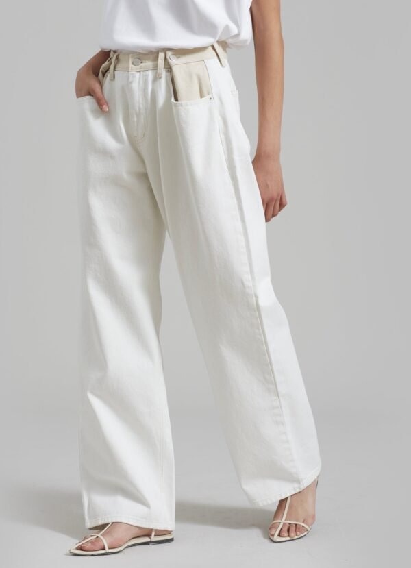 Contrast Denim Pants - Off White/Beige - Image 6