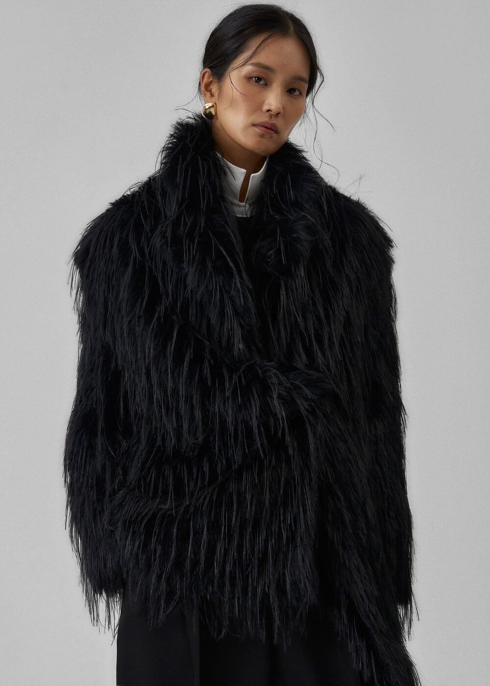 Faux Fur Coat - Black - Image 6