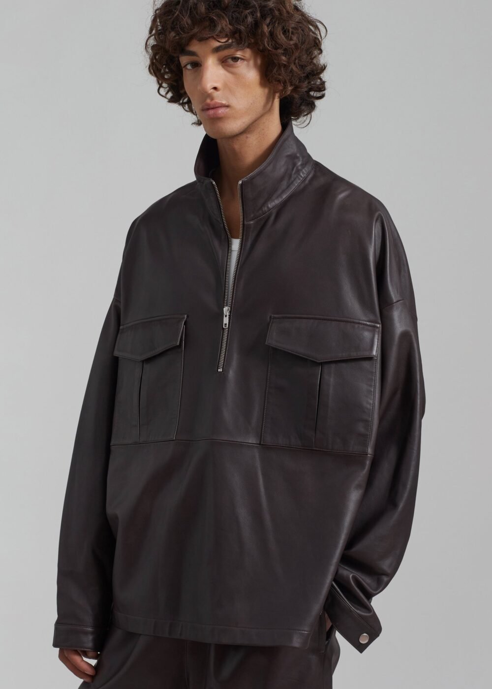 Leather Half Zip Shirt - Brown - Image 13