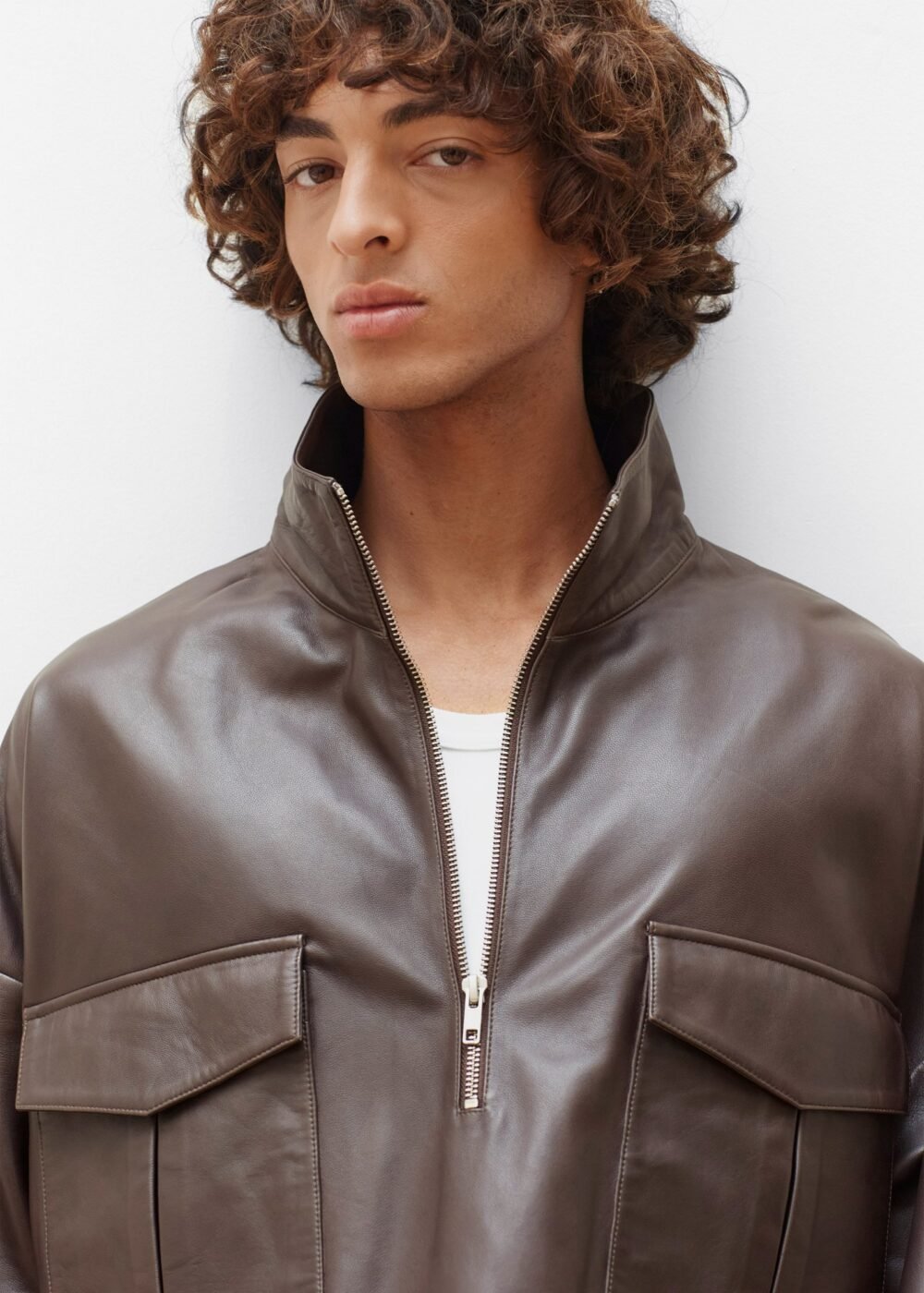 Leather Half Zip Shirt - Brown - Image 16