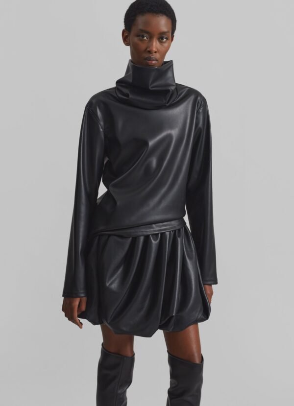 Mock Neck Faux Leather Top - Black - Image 8