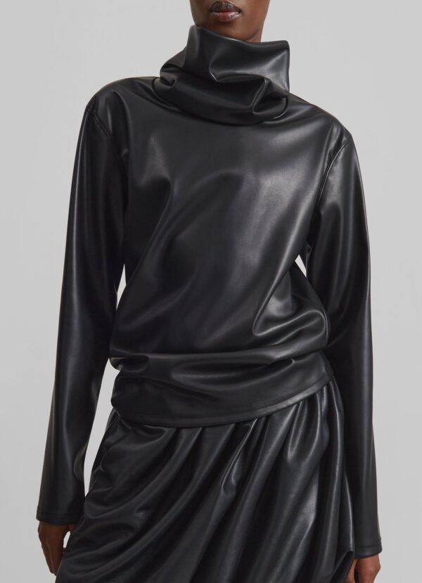Mock Neck Faux Leather Top - Black - Image 7