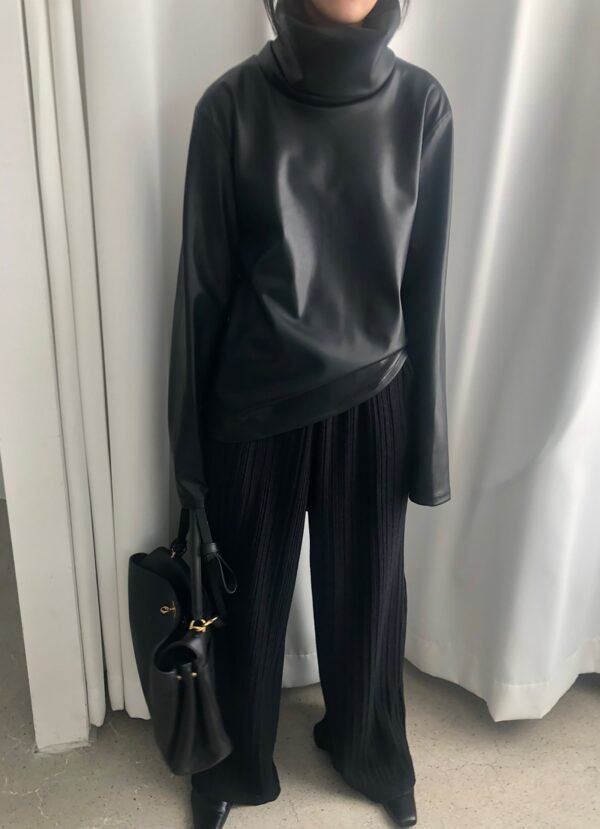 Mock Neck Faux Leather Top - Black - Image 9