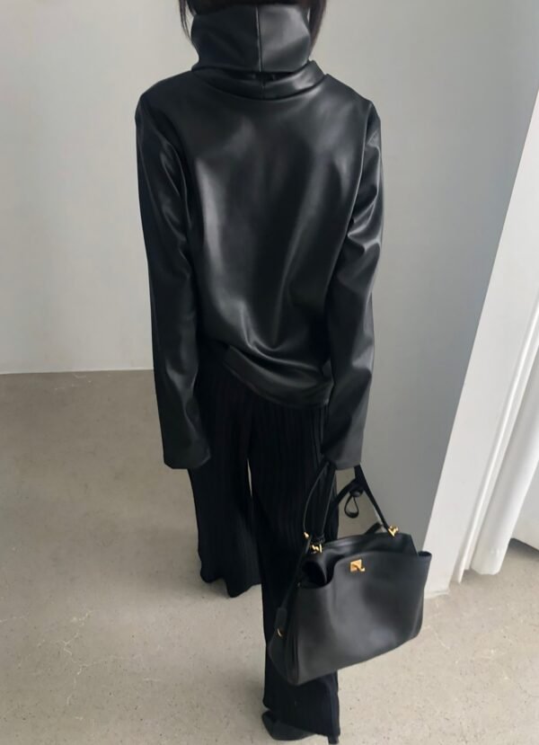 Mock Neck Faux Leather Top - Black - Image 5