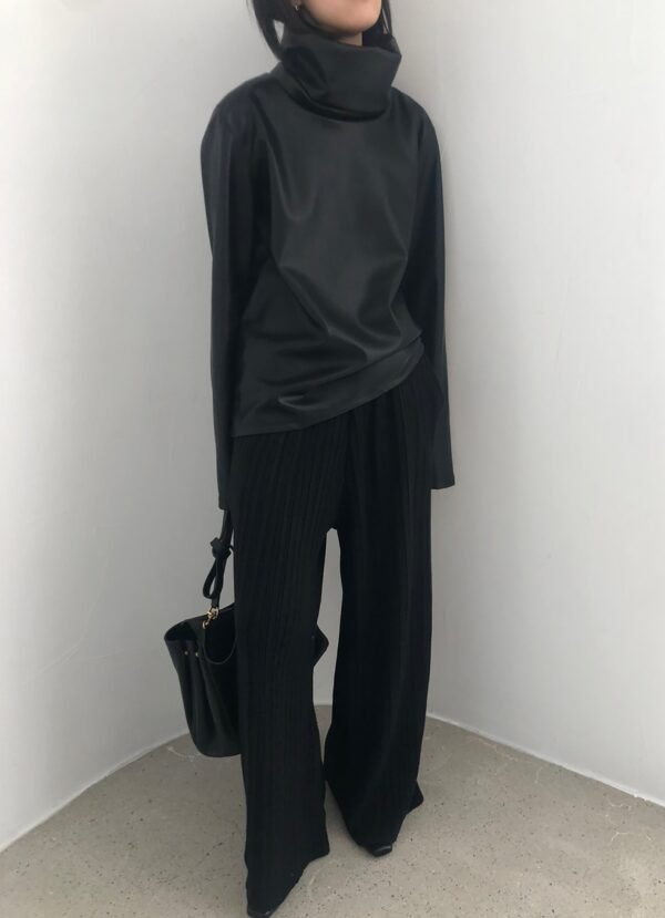 Mock Neck Faux Leather Top - Black - Image 3