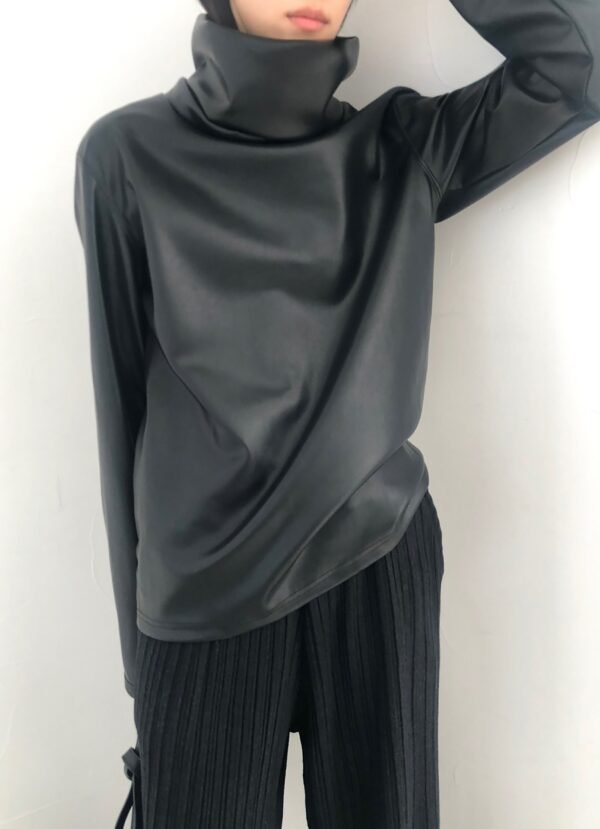 Mock Neck Faux Leather Top - Black - Image 2
