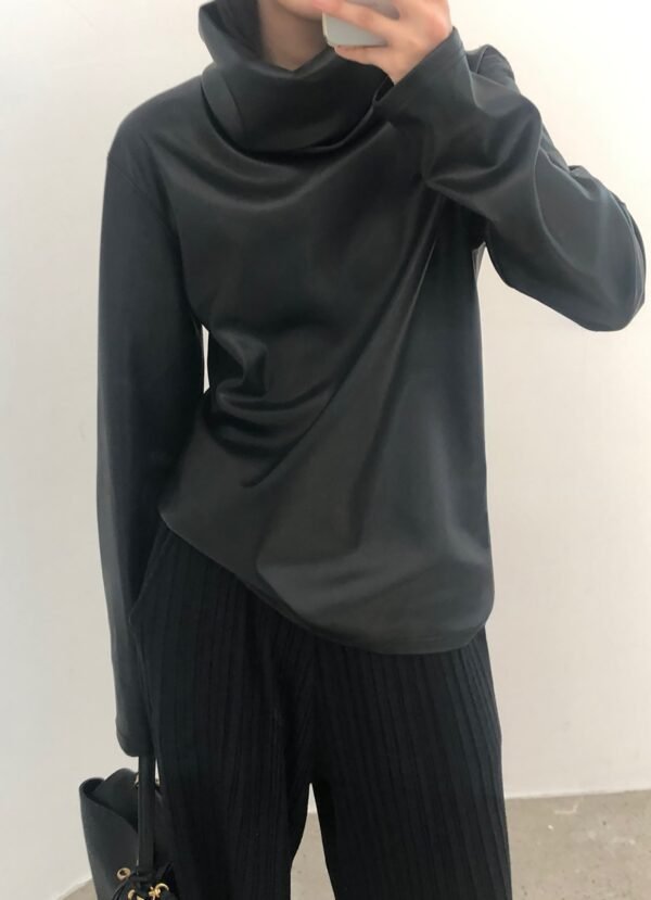 Mock Neck Faux Leather Top - Black - Image 11