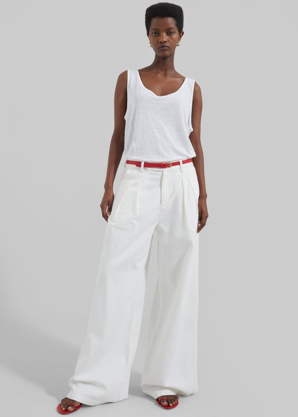 Pleated Denim Trousers - White - Image 5