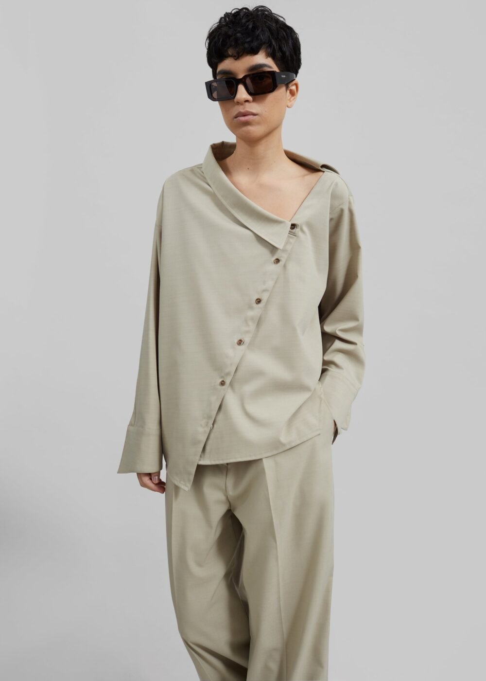 Asymmetric Button Up Blouse - Beige - Image 6