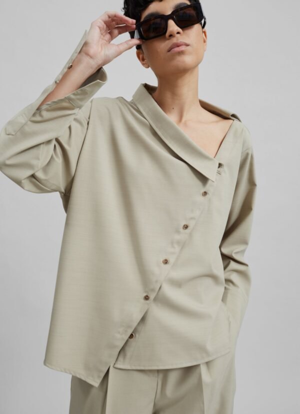 Asymmetric Button Up Blouse - Beige - Image 4