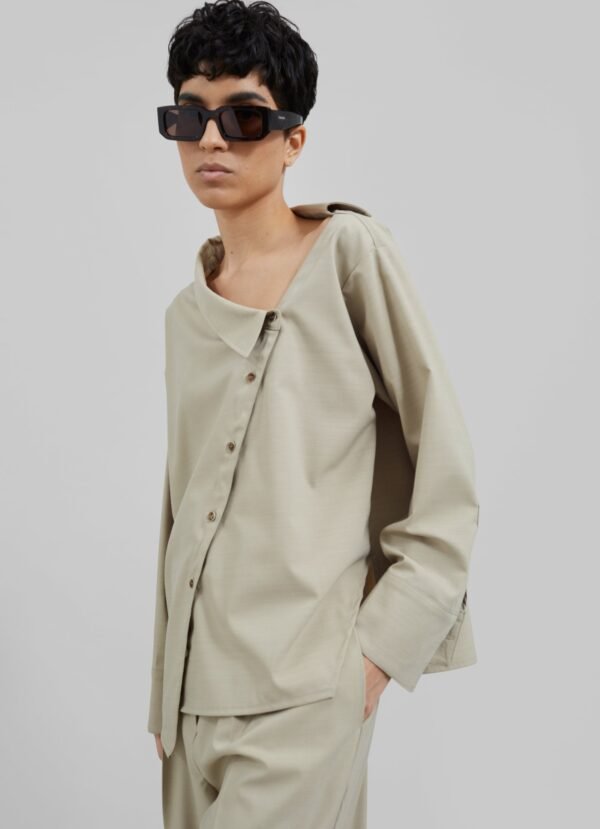 Asymmetric Button Up Blouse - Beige - Image 7