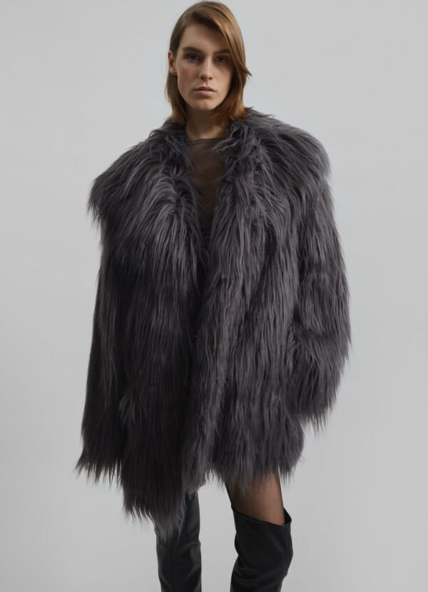 Faux Fur Wide Collar Coat - Gray Print