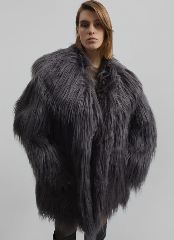 Faux Fur Wide Collar Coat - Gray Print - Image 4