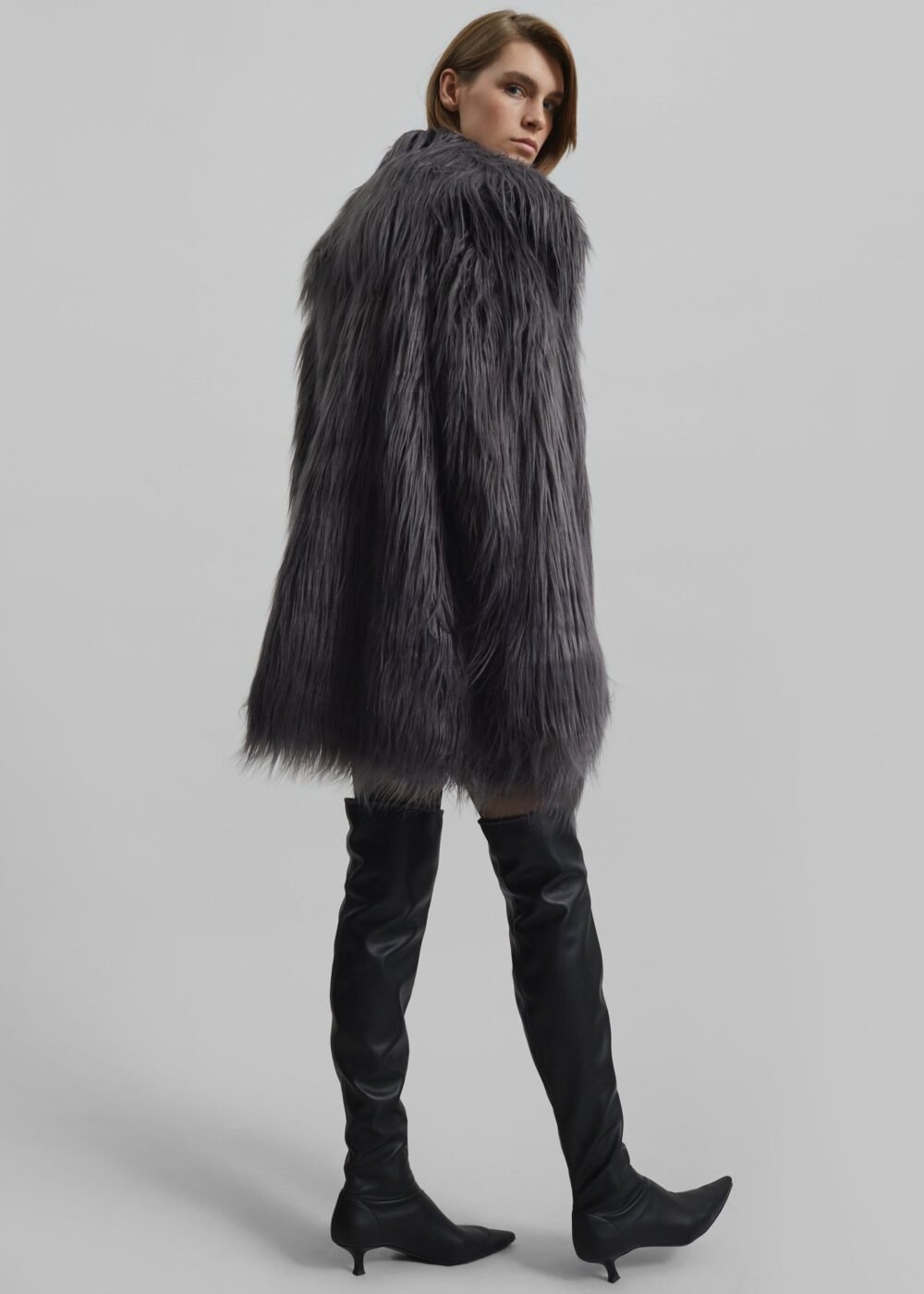 Faux Fur Wide Collar Coat - Gray Print - Image 6