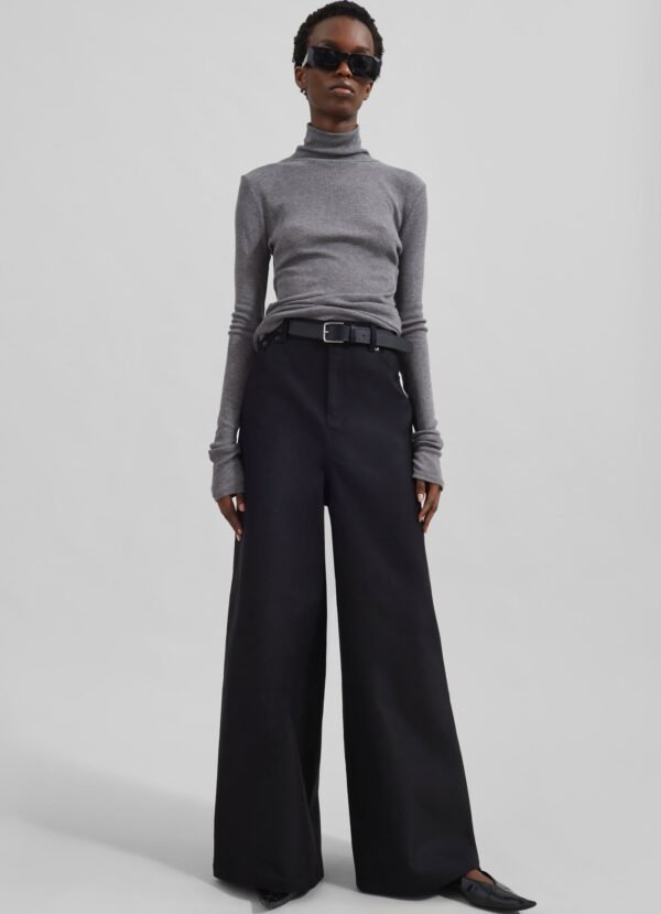 Wide Leg Twill Pants - Black - Image 2
