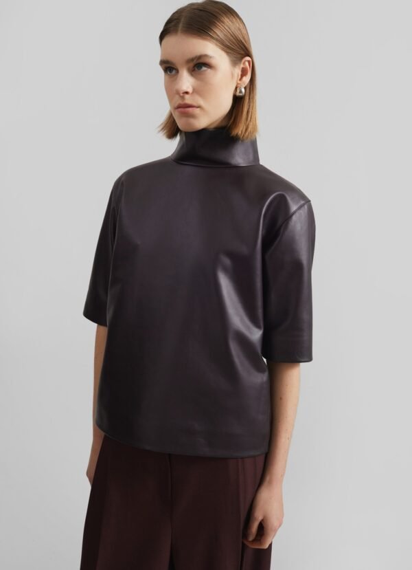 Leather Mock Neck Top - Dark Plum - Image 4