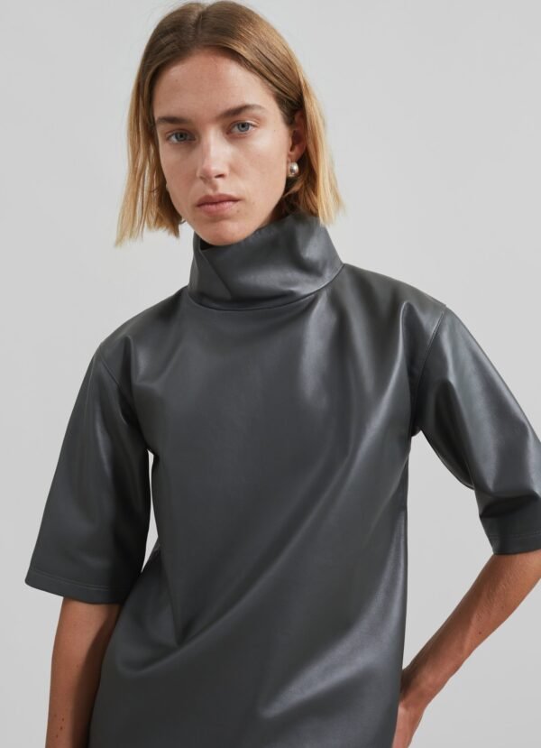 Leather Mock Neck Top - Khaki - Image 7