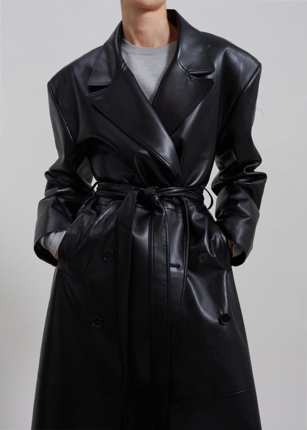 Faux Leather Trench Coat - Black - Image 5