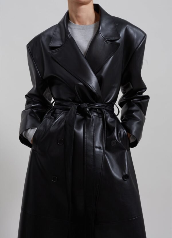 Faux Leather Trench Coat - Black - Image 5