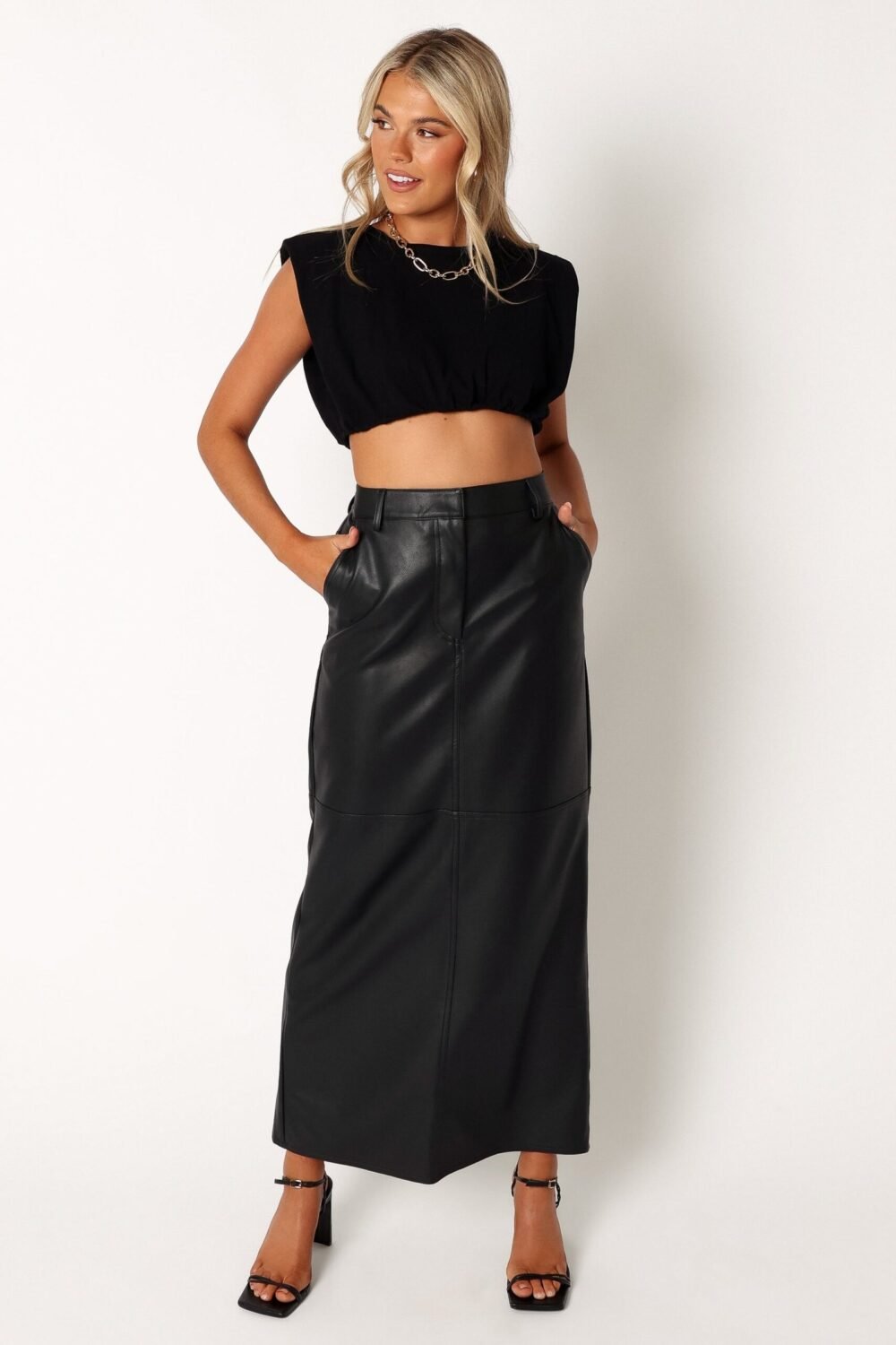 Vegan Leather Column Skirt - Black - Image 2