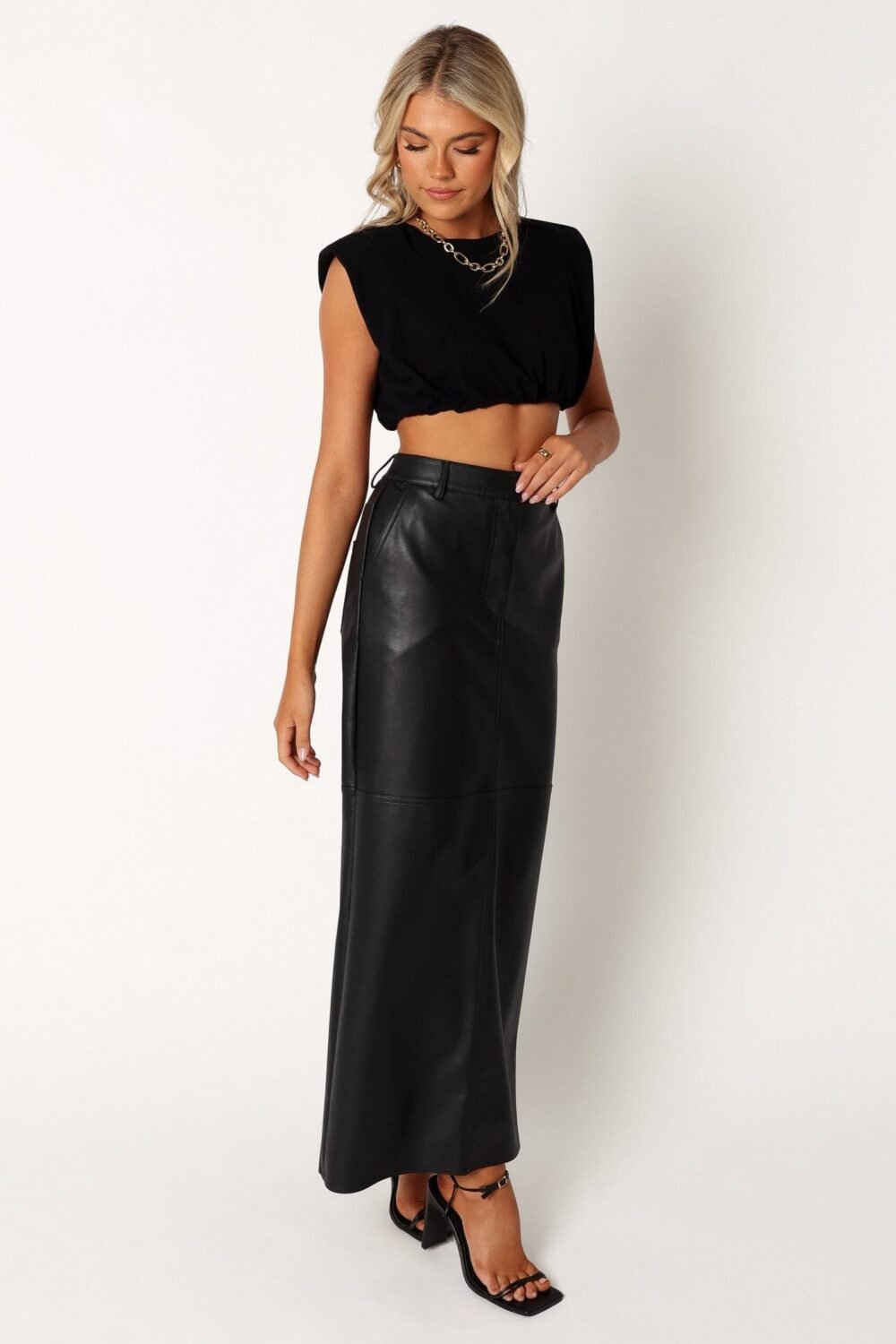 Vegan Leather Column Skirt - Black - Image 6