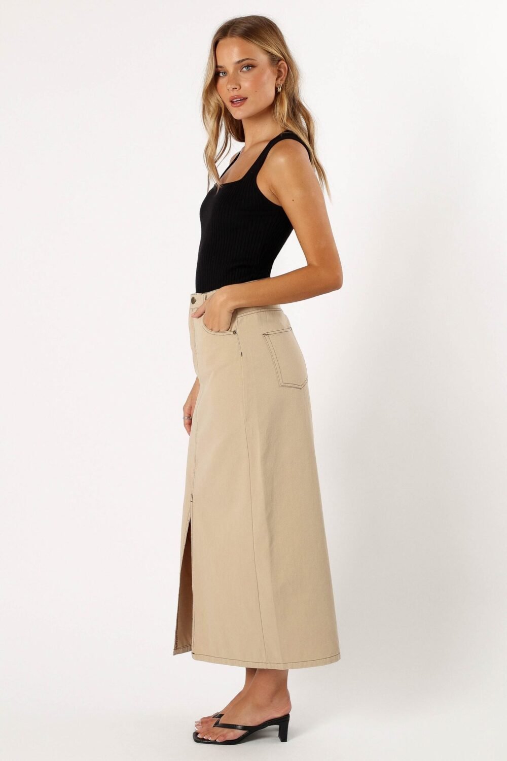 Midi Denim Skirt - Beige - Image 5