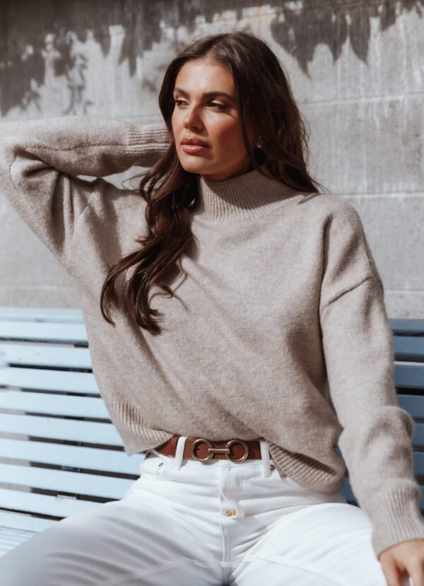 Mockneck Knit Sweater - Beige - Image 2