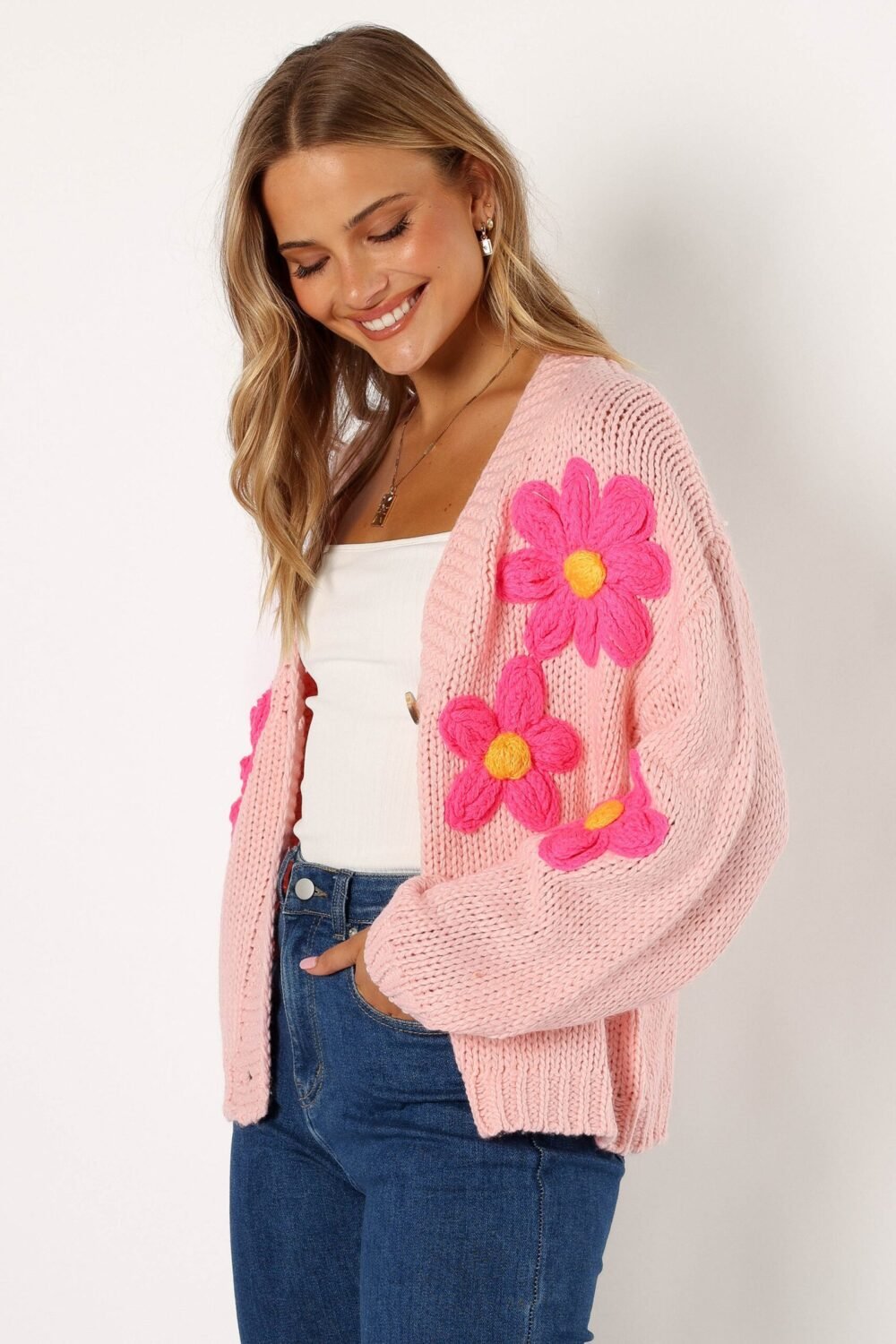 Flower Embroidered Open Front Cardigan - Pink - Image 3