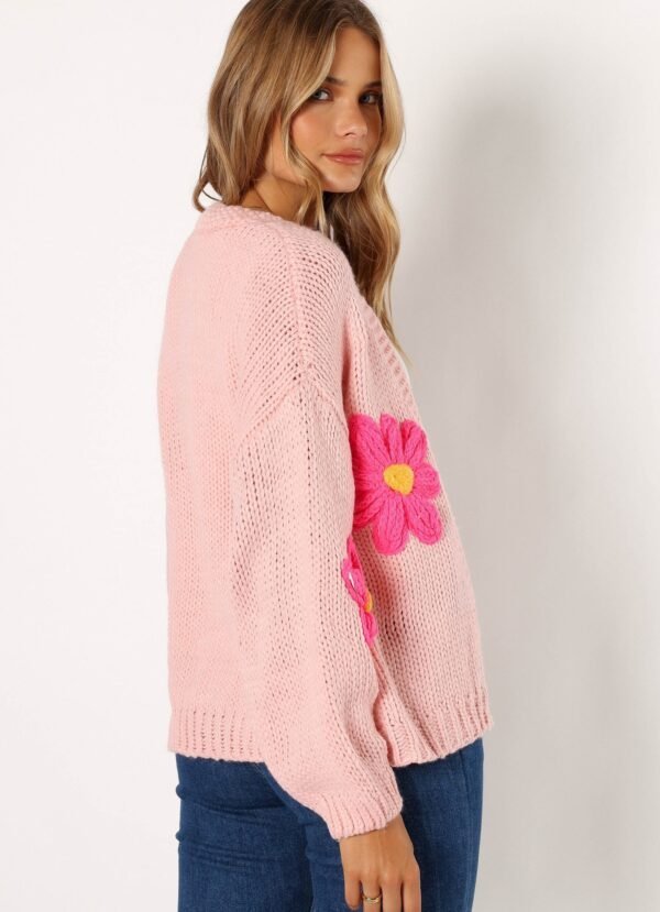 Flower Embroidered Open Front Cardigan - Pink - Image 4