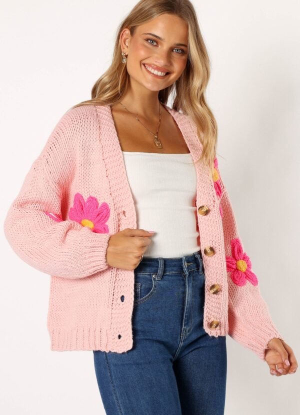Flower Embroidered Open Front Cardigan - Pink - Image 5