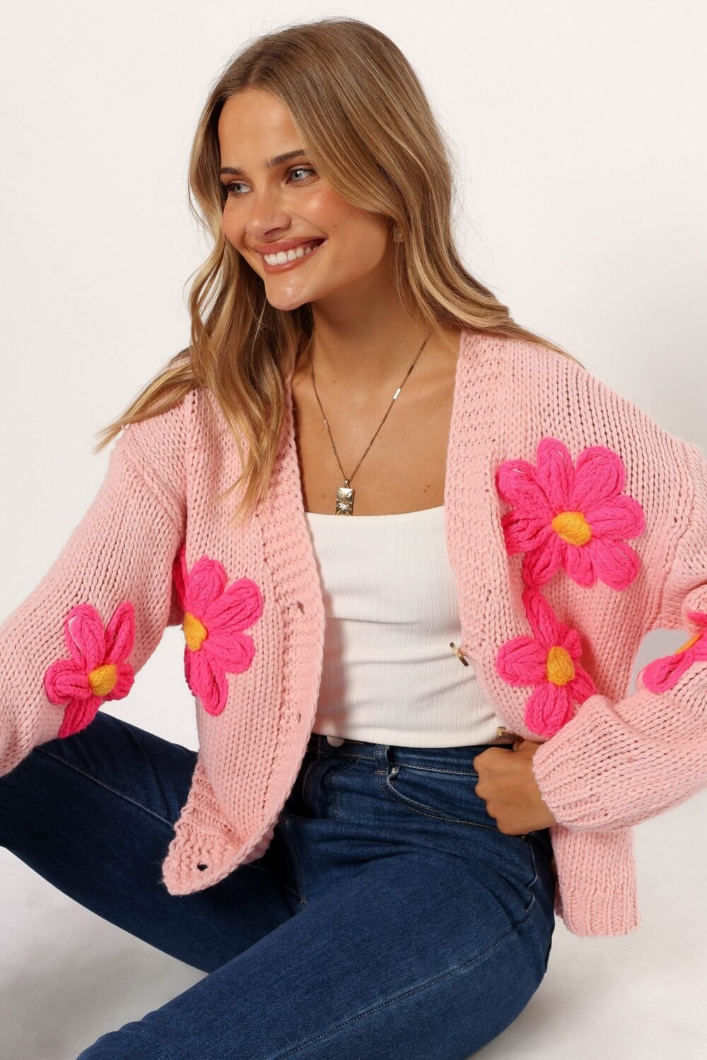 Flower Embroidered Open Front Cardigan - Pink - Image 6