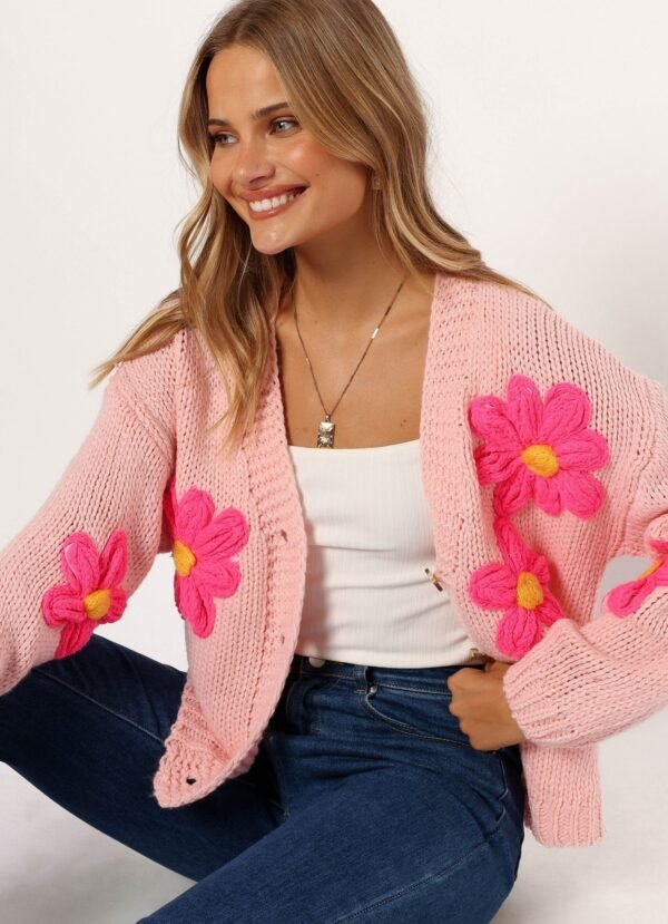Flower Embroidered Open Front Cardigan - Pink - Image 6