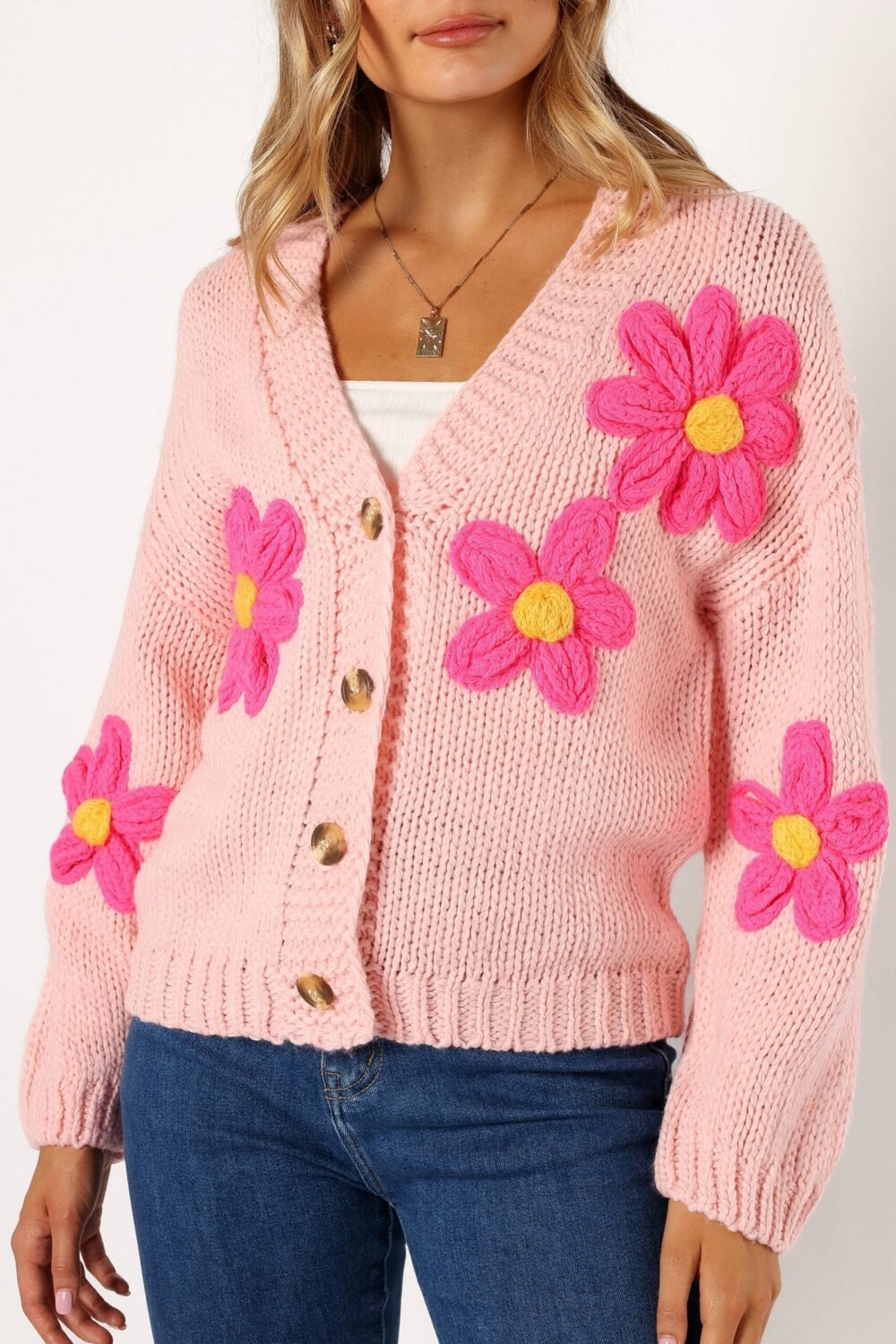 Flower Embroidered Open Front Cardigan - Pink - Image 8