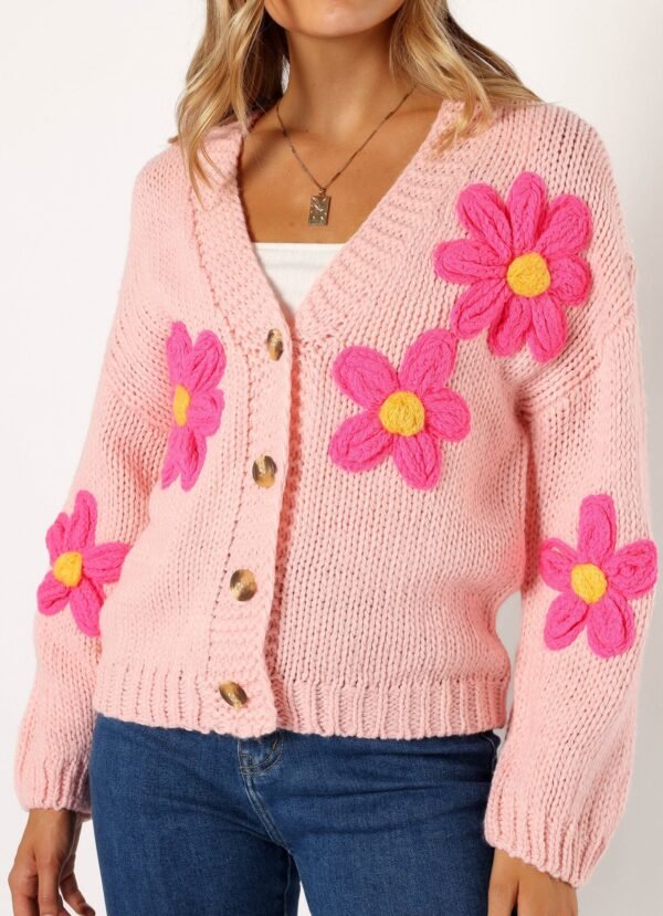 Flower Embroidered Open Front Cardigan - Pink - Image 8