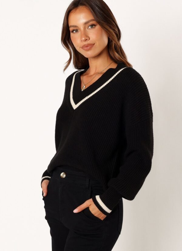 Contrast Vneck Knit Sweater - Black/Cream - Image 2
