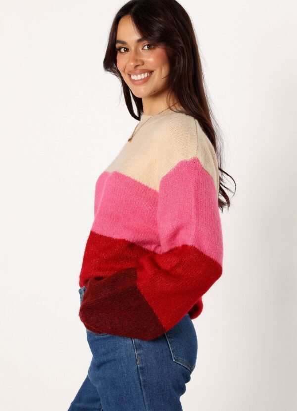 Crewneck Multi Stripe Knit Sweater - Berry - Image 3