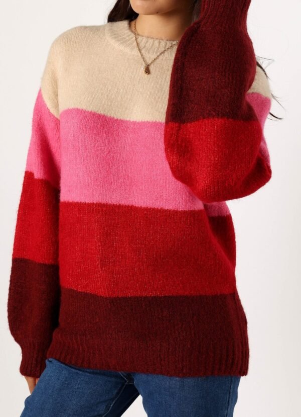 Crewneck Multi Stripe Knit Sweater - Berry - Image 6