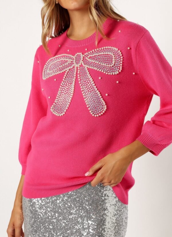 June Embellished Bow Knit Sweater - Hot Pink - Image 6