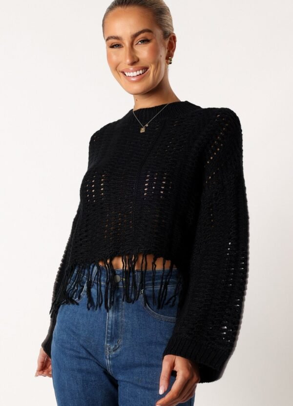 Fringe Crop Knit Sweater - Black - Image 5