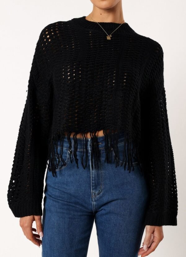 Fringe Crop Knit Sweater - Black - Image 6
